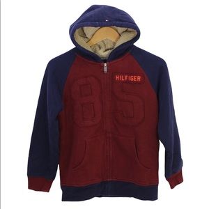 TOMMY HILFIGER Full Zip Hoodie Elbow Patches Faux Sherpa Fur Lined Heavy 12/14